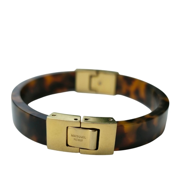 Michael Kors Hinged Bangle Bracelet Simulated Tortoise Shell Gold Tone Clasp - Picture 1 of 4